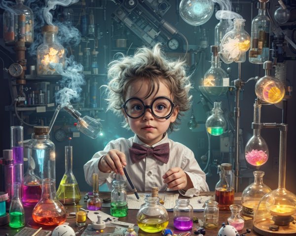 Child at a Scientific Workspace with Colorful Flasks