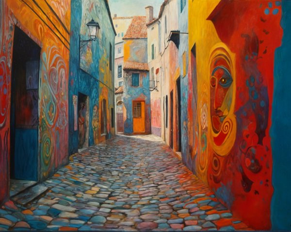 Vibrant alleyway with colorful buildings and murals