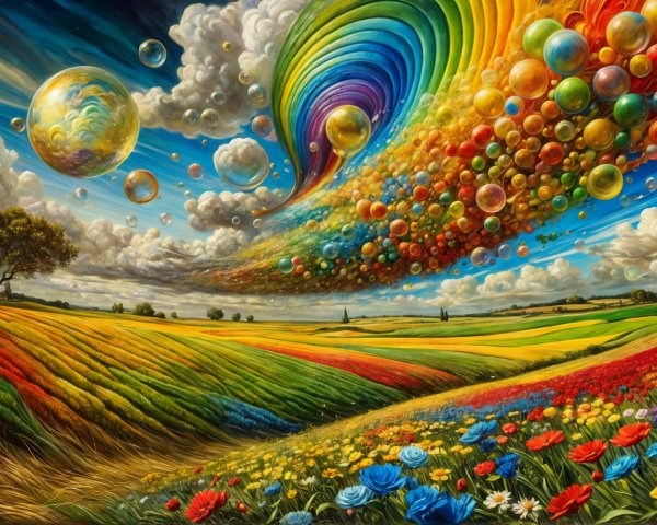 Vibrant Landscape with Colorful Fields and Bubbles