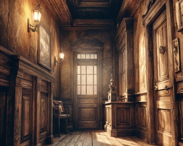 Rustic Hallway with Wooden Walls and Warm Lighting