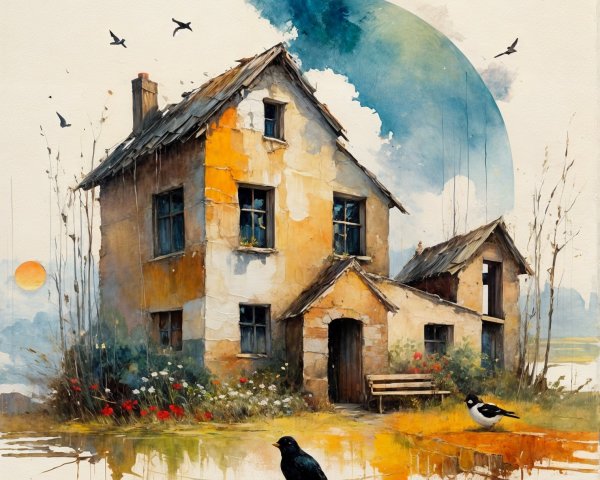 Weathered House in Tranquil Landscape with Birds