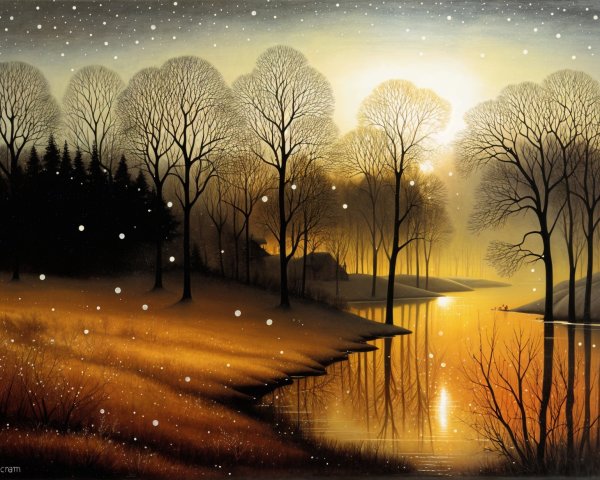 Serene winter landscape with sunset and snowflakes
