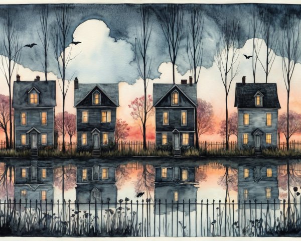 Watercolor Landscape with Houses and Sunset Reflection