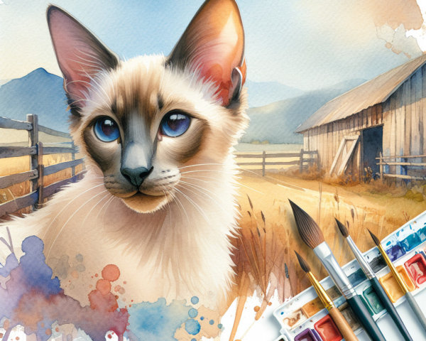 Watercolor Illustration of Siamese Cat on Farm