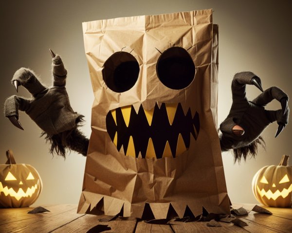 Playful Monster in Brown Bag with Halloween Setting