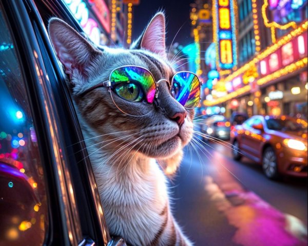 Cat in Sunglasses in Neon City Night Scene