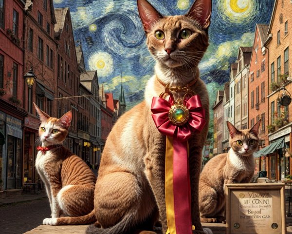 Regal Cats on Platform Under Starry Night Sky