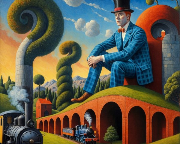 Surreal Landscape with Man in Blue Suit on Orange Structure