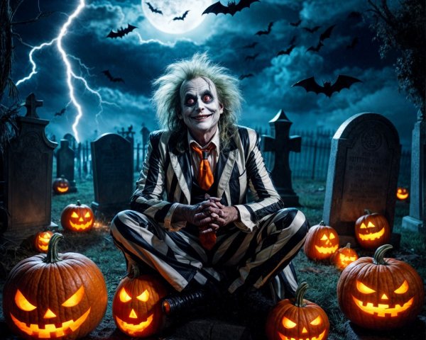 Whimsical Spooky Scene in a Graveyard with Jack-o'-lanterns