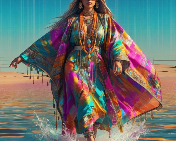 Vibrant Figure in Multicolored Kimono by Desert Horizon