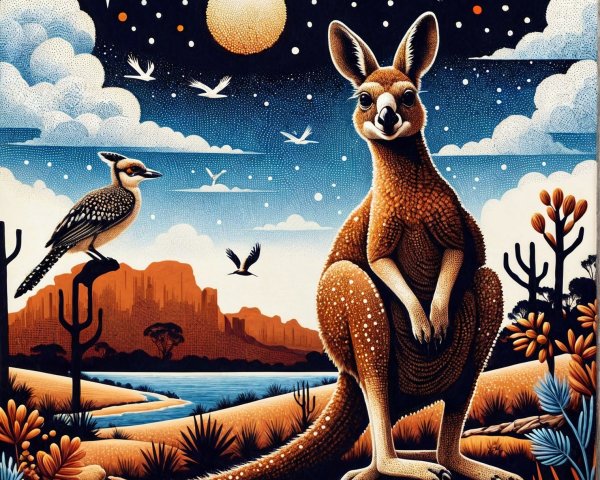 Kangaroo and Woodpecker in a Starry Night Landscape