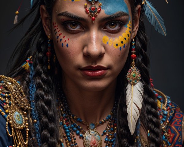 Portrait of a woman in vibrant tribal attire and jewelry
