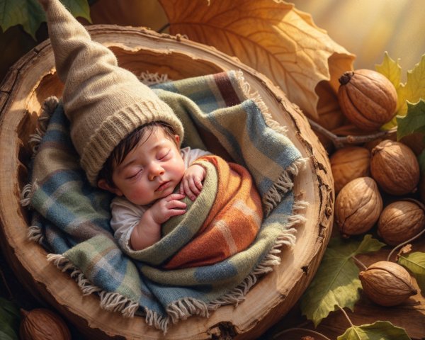 Sleeping Baby in Colorful Blanket Surrounded by Leaves