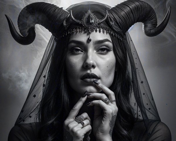 Mystical woman in dark fabric with ornate headdress