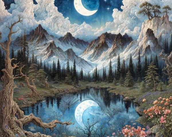 Majestic Mountains and Starry Sky Over Tranquil Lake