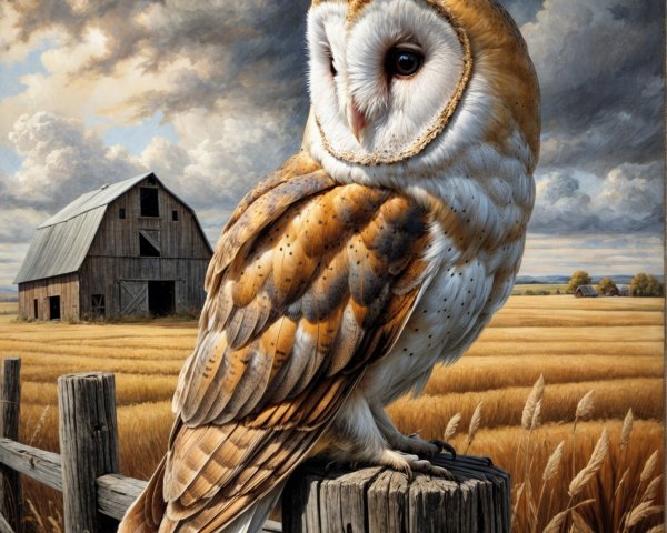 Barn owl on wooden post near rustic barn and fields