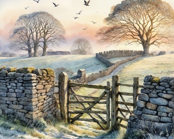 Tranquil Watercolor Countryside Scene at Dawn