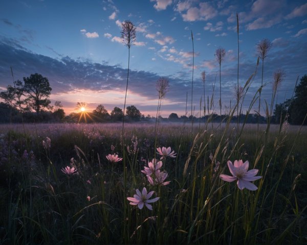 Serene Dawn Landscape with Wildflowers and Silhouetted Trees