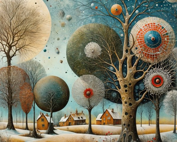 Whimsical Landscape with Stylized Trees and Homes