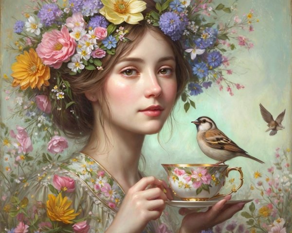 Serene Young Woman with Floral Crown and Teacup