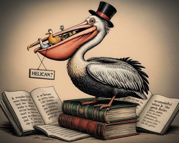 Pelican in Top Hat with Books and "HELICAN?" Figure
