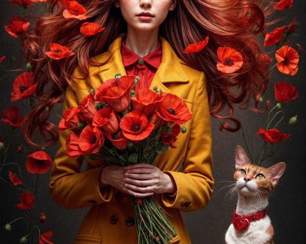 Young Woman in Yellow Coat Surrounded by Poppies