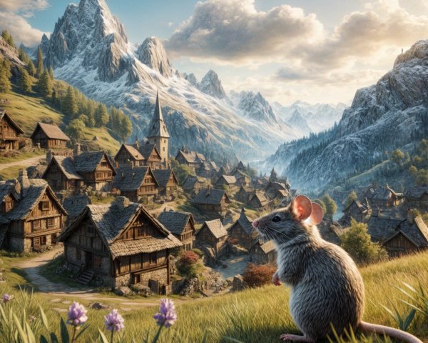 Serene Landscape with Mouse and Picturesque Village