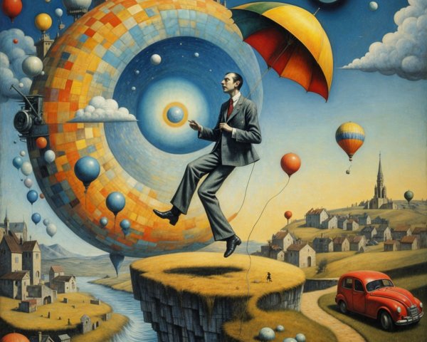 Surreal Landscape with Suspended Man and Cosmic Wheel