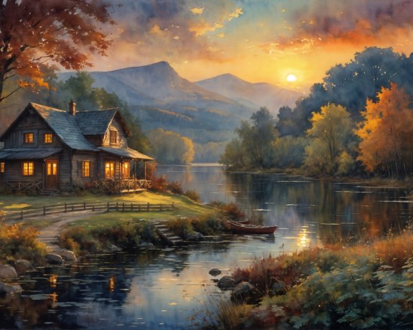Cabin by Riverside Amidst Autumn Foliage and Mountains