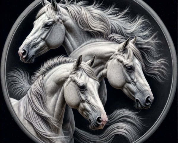 Majestic White Horses with Flowing Manes in Dark Background