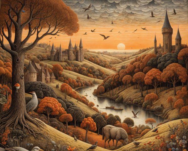 Serene Sunset Landscape with Hills and Castles