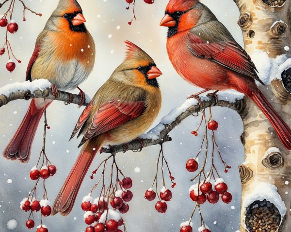 Vibrant Cardinals on Snow-Dusted Branch with Berries