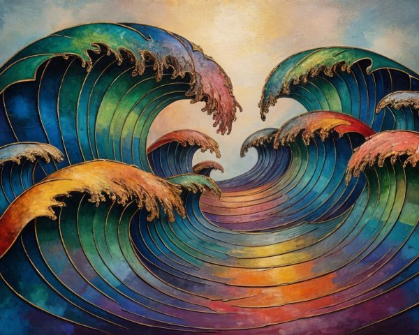 Vibrant Stylized Waves in Bold Colors and Detail