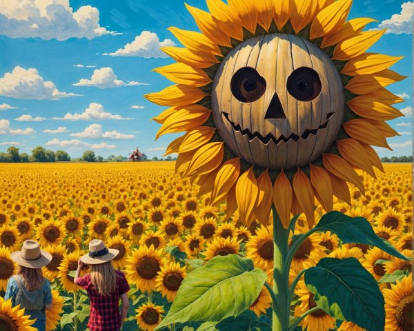 Sunflower Field with Pumpkin Face and Farmhouse Background
