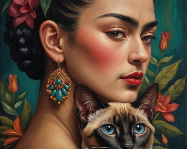 Vibrant Portrait of Woman with Flowers and Siamese Cat