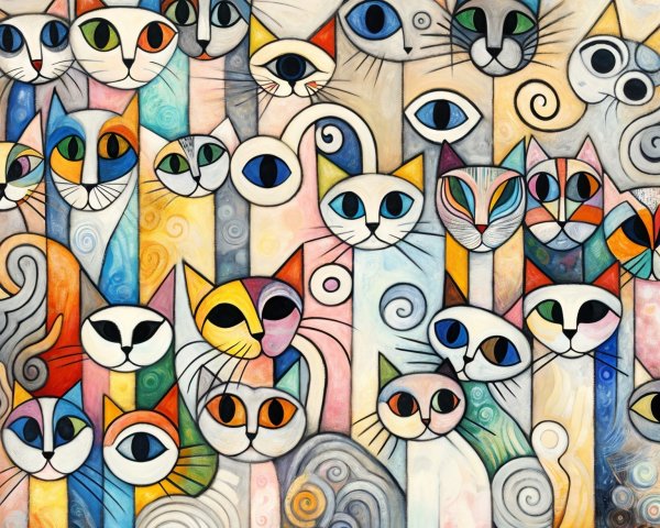 Colorful Stylized Cats with Unique Patterns and Expressions