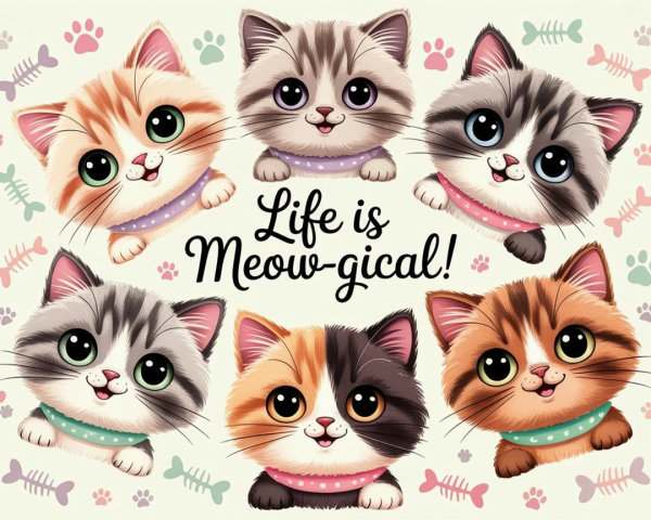 Cheerful Illustration of Six Playful Cartoon Kittens