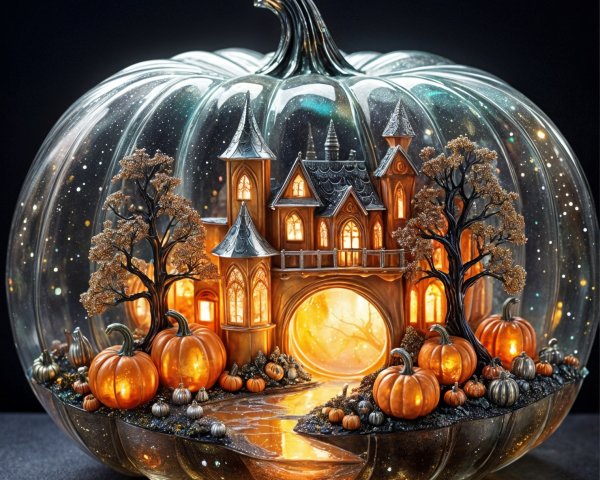 Carved Pumpkin with Glowing Castle and Fall Decor