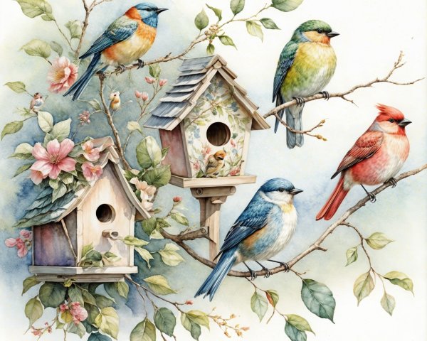 Colorful Birds on Blossoming Branch with Birdhouses