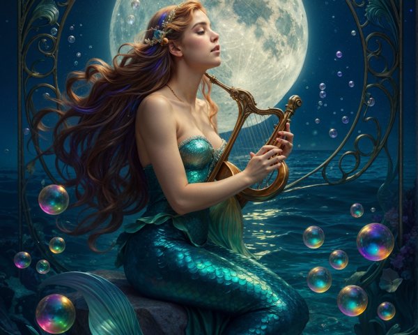 Serene Mermaid with Harp on Rocky Shoreline