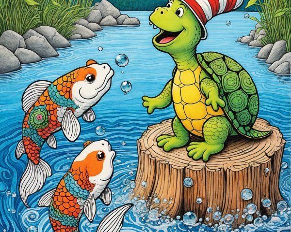 Cheerful turtle with hat in vibrant pond scene
