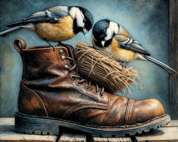 Weathered Boot with Birds and Nest on Wooden Platform