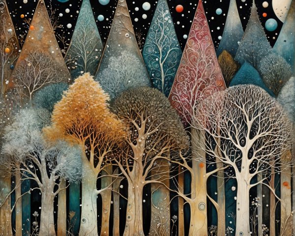 Whimsical Forest Scene with Stylized Trees and Stars
