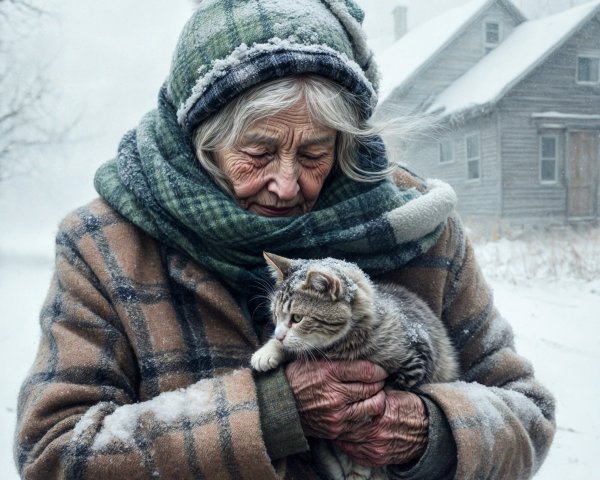 Elderly Woman with Cat in Snowy Landscape Scene