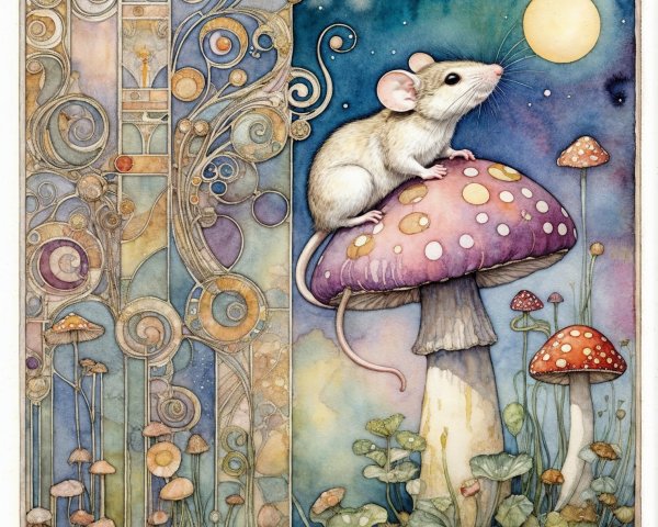 Whimsical Mouse on Oversized Mushroom in Dreamy Landscape