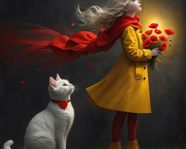 Girl in Yellow Coat with Poppies and White Cat
