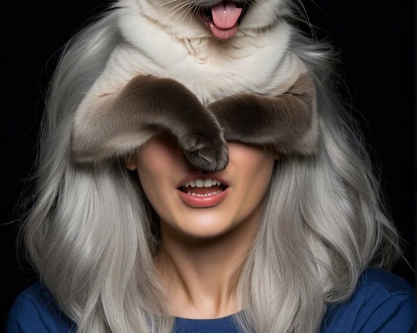 Surreal portrait of a woman with silver hair and cat