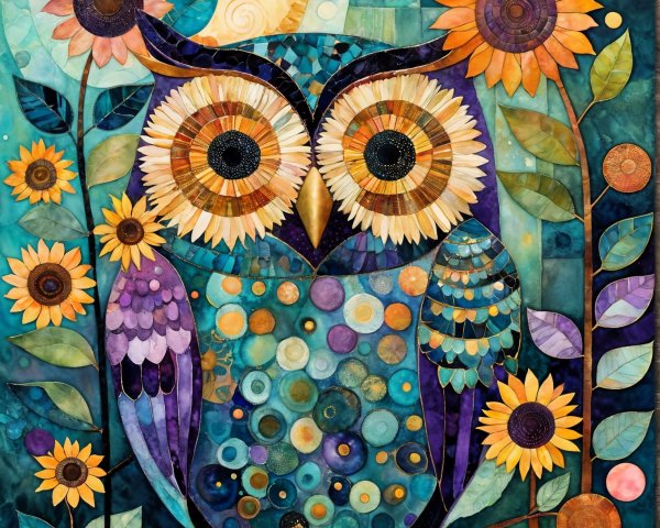 Vibrant Owl Surrounded by Sunflowers and Abstract Flora