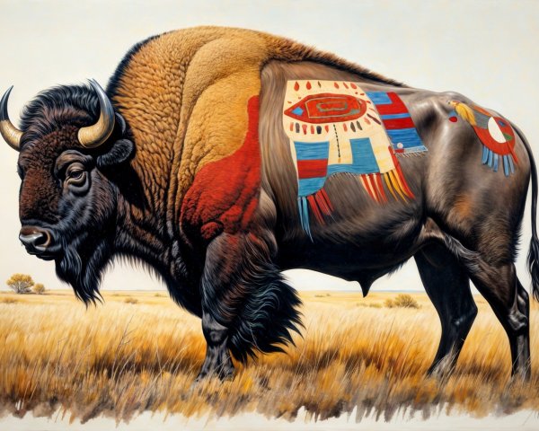Bison in Colorful Tribal Patterns on Grassy Landscape