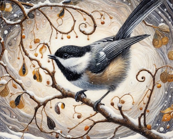 Detailed Illustration of a Bird on a Snowy Branch